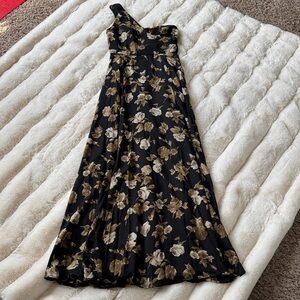 Lulus Black and Gold Floral One-Shoulder Maxi Dress
